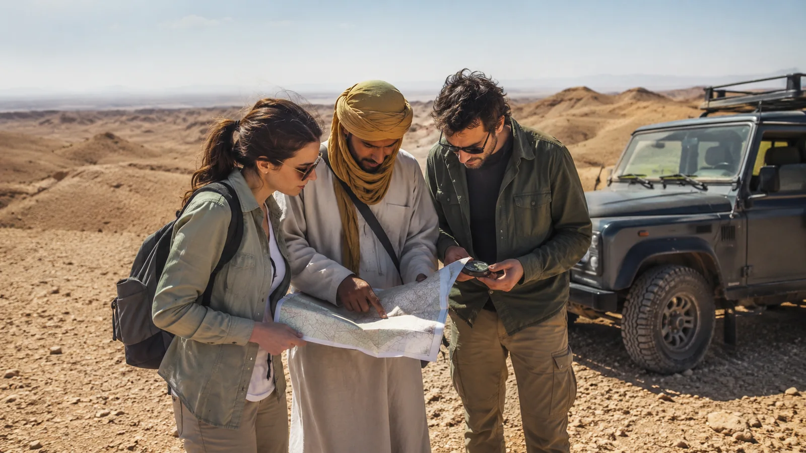 Participants apprenant l’orientation avec carte et boussole près d’un véhicule 4x4