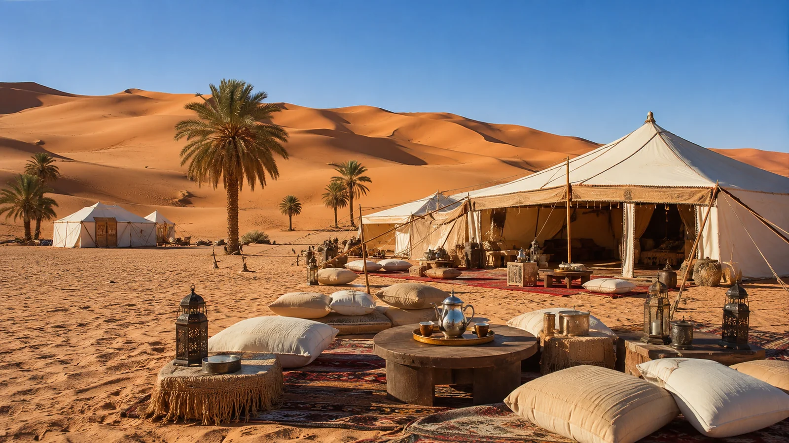 Camp saharien lumineux, simple et confortable au pied des dunes