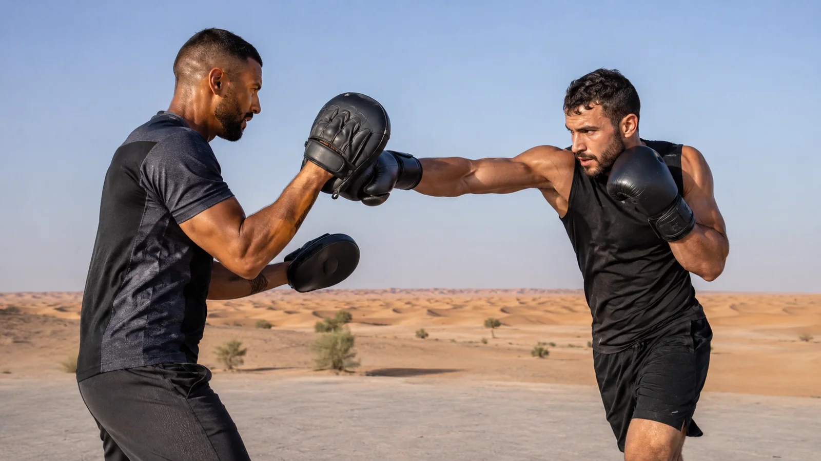 Entraînement de boxe aux pattes d’ours sur une base stable face au désert