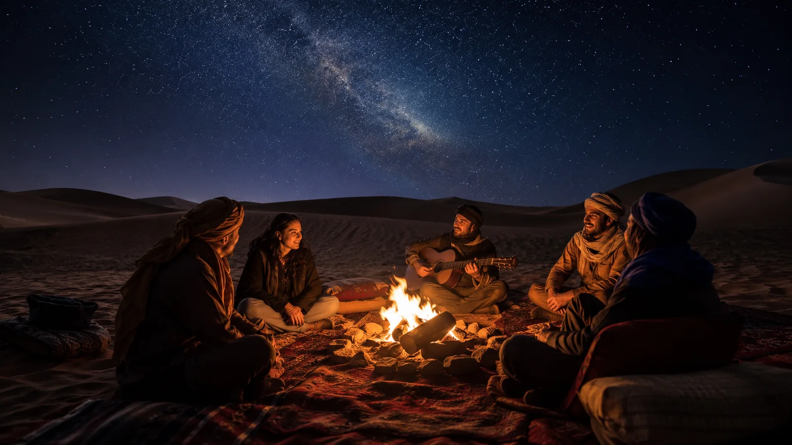 Petit groupe réuni autour d’un feu de camp sous un ciel étoilé dans le Sahara
