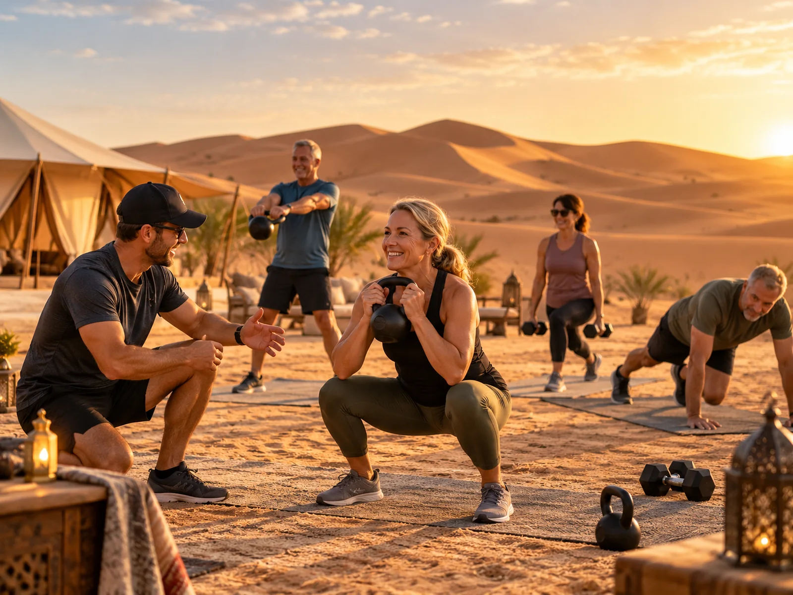 Hommes et femmes de plus de 40 ans s’entraînant avec kettlebells et haltères dans un camp du Sahara