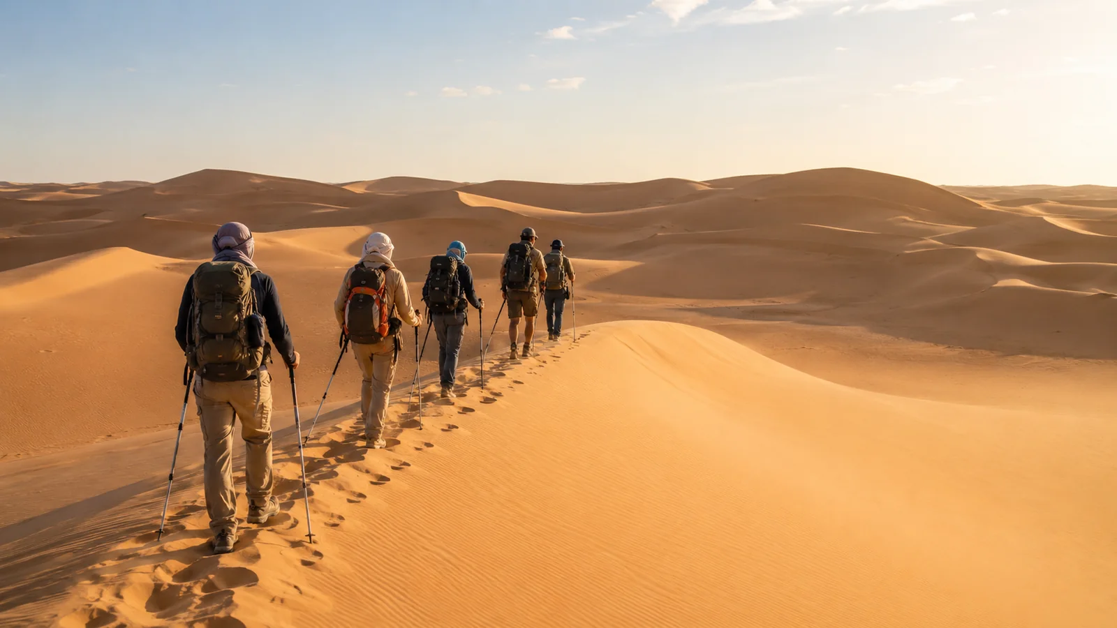 Petit groupe en trek dans les dunes du Sahara tunisien